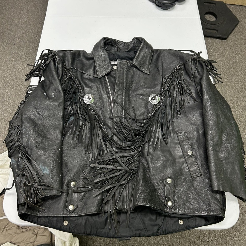 First Genuine Leather Fringe Jacket Men Black Biker Western Concho Heavyweight